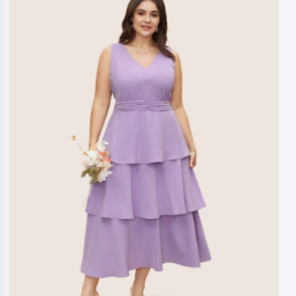 BloomChic Plain Shirred Ruffle Layered Hem Dress for Party & Wedding